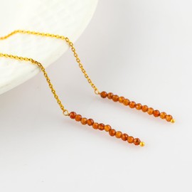 Natural Hessonite Garnet Earrings, Dainty Threader Pair, Gemstone Beads, Birthstone Crystal, Gift for Women, Chakra Energy Healing Jewelry in Gold Plated, Valentine Day Gift (Hessonite Garnet)