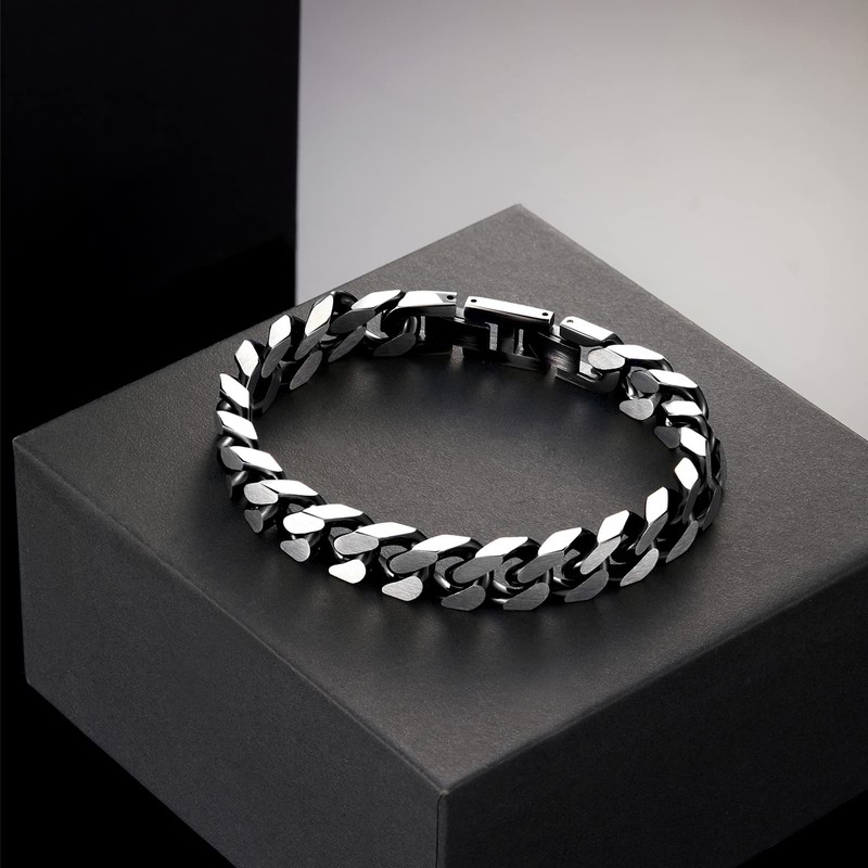 Mens Bracelet-Stainless Steel Fold Over Clasp Cuban Chain-Bracelets for Men