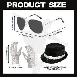 4Pcs MJ Costume Accessories, 80s Dancer Rocker Star Cosplay Set with Jazz Sequin Hat Gloves Silver Framed Sunglasses, King of Pop Fancy Dress Set for 80 Theme Party Carnival Dance Party