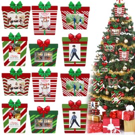 Yalikop 12 Piece Christmas Photo Frame Ornaments Wooden Present Box Picture Frame Ornaments Hanging Wood Frame for Christmas Tree Decorations Xmas Party Favors Supplies
