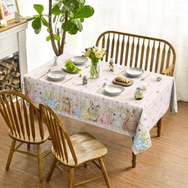 Horaldaily Easter Tablecloth 60×60 Inch, Bunnies Pink Buffalo Plaid Spring Washable Table Cover for Party Picnic Dinner Decor