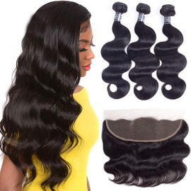 Amella Hair 8A Unprocessed Brazilian Human Hair Bundles With Frontal Closure (16 18 20+16Frontal,Natural Black) Brazilian Body Wave With 13x4 Lace Frontal Closure Pre Plucked