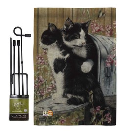 Tuxedo Cat Burlap Garden Flag Set with Stand Animals Kitten Meow Spoiled Paw Fur Pet Nature Farm Animal Creature Small Decorative Gift Yard House Banner Double-Sided Made In USA 13 X 18.5
