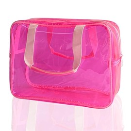 Bolsa de cosméticos de PVC transparente de color puro transparente con cierre, bolsa de maquillaje de viaje con asa para organizador de artículos de c