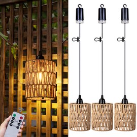 ALL FORTUNE Battery Operated Chandelier, Battery Hanging Pendant Light, Rattan Lights with Warm White Bulb, 4*AA Battery Powered, for Gazebo Pergola Porch Patio Outdoor Indoor Decor (3)