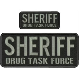 SHERIFF DRUG TASK F EMBROIDERY PATCH 4X10 AND 2X5 HOOK ON BACK GRAY ON BLACK