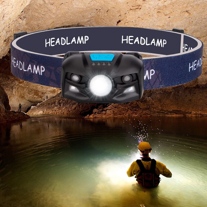 Outdoor USB Rechargeable LED Fishing Headlamp Finger Sensing Waterproof Headlight