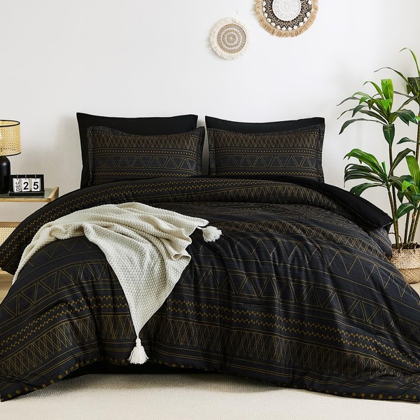 WONGS BEDDING King Size Comforter Set 7 Pieces, Boho Black
