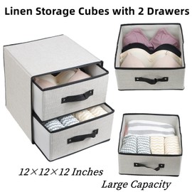 Fordonral Linen Closet Organizer and Storage, Fabric Storage Drawer Organizer with 2 Drawers for Underwear, Sock, Bra, Small Items - Light Gray