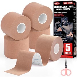 5 Rolls Waterproof Kinesiology Tape, 5 Colors 2 inch x 16.4 Feet Cotton Athletic Tape, Uncut Kinetic Tape, Elastic Muscle Tape, Sports Tape, Knee Tape for Exercise and Daily Use - Color: Skin Color
