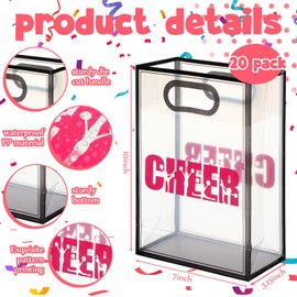 Sunnymove 24 Pcs Cheer Clear Plastic Gift Bags with Die Cut Handles Cheerleading Team Reusable Clear Makeup Bag with Ribbon Cheer Party Accessories Gift for Cheerleader Team Women