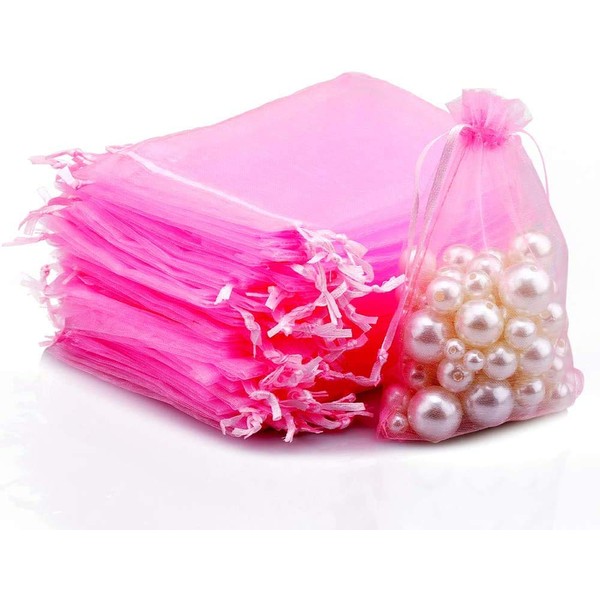 G2PLUS Organza Gift Bags with Drawstring 5''x 7' 100 PCS Organza Jewelry Bags, Sheer Drawstring Gift Pouches for Christmas Wedding Party Favors (Pink)