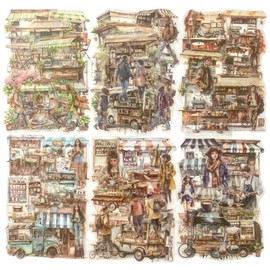 90Pcs Coffee Market Series PET Scrapbook Stickers, Street Camping Coffee Shop American Style Stickers Kit for Scrapbooking, Junk Journal Ephemera, DIY Crafts Waterproof Journaling Supplies