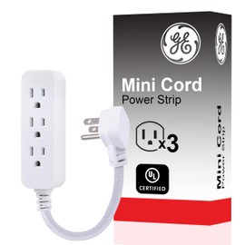 GE Designer 3-Outlet Power Strip, 1 Ft Braided Extension Cord, 3 Grounded Outlets, Flat Plug, Mini Cord, Premium, White, 45190