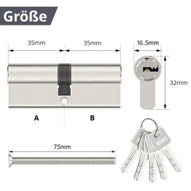 MANICAF Lock Cylinder 35/35 Cylinder Lock with 5 Keys, Profile Cylinder, Door Cylinder Lockable on Both Sides, Euro Copper Cylinder Lock