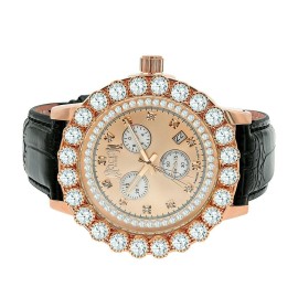 ICE HOUSE Rose Gold Tone Real Diamonds Solitaire Bezel Leather Strap Band Men Watch W/Date
