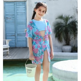 Enlifety Kids Girls Bathing Suit Size 8 9 Tropical Leaf Swimsuit 3 Piece Hawaiian Bikini Swimwear Set with Cover Up