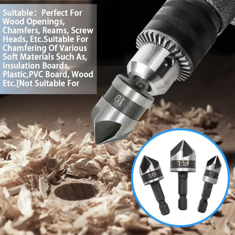 Hocansen 3 Piece Hex Countersink Drill Bit Set 5 Flutes