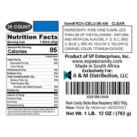 Extra Large Rock Candy Sticks: 36 Blue Raspberry Lollipop - Individually Wrapped Blue Crystal Rock Candy Sticks - Espeez Candy for Candy Buffet, Birthdays, Weddings, Receptions, Bridal and Baby Shower