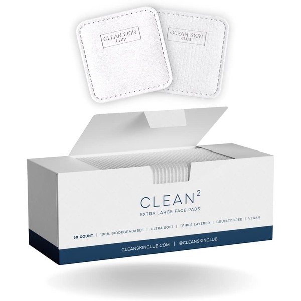 Clean Skin Club Clean² Extra Large Face Pads, Guaranteed Not to Shed & Tear, Unique Triple Layers, Textured Side & Ultra Soft Side, Vegan Organic Disposable Cotton, Used with Makeup Remover (1 Pack)