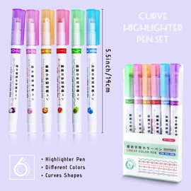 YETOOME 6 PCS Colored Curve Highlighter Pen Set with 6 Different Curve Shapes for Scrapbook Journaling Supplies Planner Art Design Note Take