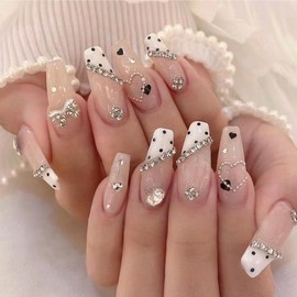 Buy 10 Get 10 Free! [Machine-Made] 24pcs Press-On Nails with Rhinestones & Flowers – French Style Glue-On Nails for Women & Girls:_053