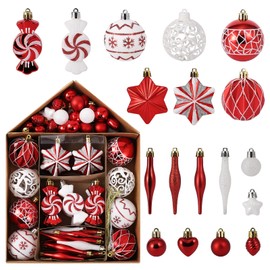 FairyLee Shatterproof Christmas Ball Ornaments Set, Red & White Xmas Balls for Tree Decor, Xmas Ball Assorted Set of 73 PCs with House Shape Box for Xmas Tree Holiday Decor, DIY Wreath Garland Swag