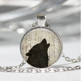 Fashion Jewelry BLACK WOLF HOWL Handmade Glass Pendant German Silver 20" Necklace Women Men