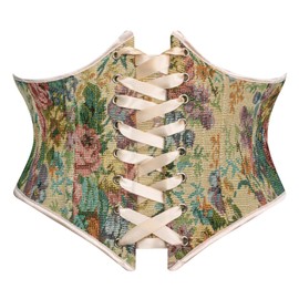 Scarlet Darkness Women Ren Faire Corset Floral Print Underbust Boned Lace Up Bustier Corset Belt Beige 14