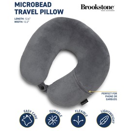 Brookstone Microbead Travel Head and Neck Pillow Lightweight and Plush with Phone or Headphone Pocket, Dark Grey