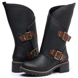 GLOBALWIN Women's Motorcycle Boots Mid-Calf Black Fashion Biker Boots For Women Low Heel Size 9