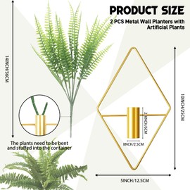 ALHAPY 2 PCS Metal Wall Planter Vase with Artificial Persian Grass, Gold Indoor Wall Hanging Decor for Home Living Room, Modern Geometric Boho Wall Hanging Vase for Indoor Artificial Plants