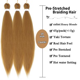27 Prestretched braiding hair 3 Packs - 20 Inch Honey Blonde Braiding Hair Professional Synthetic Prestretched Crochet Braids Hair Extension Itch Free Hot Water Setting Yaki Texture(20inch 3Packs)