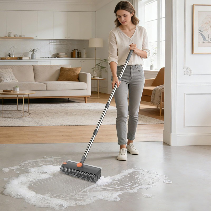 Floor Scrub Brush with Scraper and Stiff Bristle, Grey&Orange