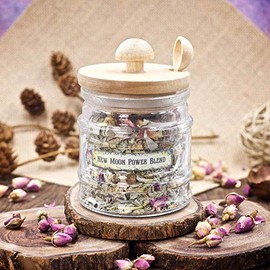 New Moon Power Blend Custom Sage Smudge Mix with White Sage, Yerba Santa, Jasmine, and Red Rose Petals in Glass Apothecary Jar