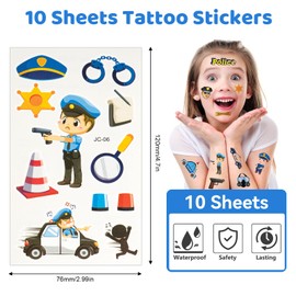10 Blätter Polizeiauto Tattoo Kinder, Temporäre Tattoos für Kinder, Polizei Mitgebsel Kindergeburtstag, Cartoon Kindertattoos, Wasserdichte Sticker Tatoos Aufkleben für Mädchen und Jungen