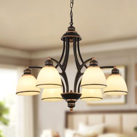 Ganeed Vintage 6-Light Chandeliers for Dining Room, Oil Rubbed Bronze Finish & Frosted Glass Shades, 26.7" Adjustable Farmhouse Ceiling Hanging Light Fixtures Pendant for Kitchen Island, Living Room