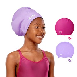 Kids Extra Large Swim Cap for Long Hair, Swimming Caps for Boys Girls Youth, Big Swim Hat for Long Thick Curly Hair & Dreadlocks Braids Weaves Afro Hairstyle (Purple&Rose, Extra Large)