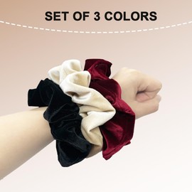 Pack of 3 Velvet Scrunchies, Velvety Soft, Strong Hold, Hair Bobbles Strong, Exclusive Colours, Large Hair Scrunchie for Women and Girls (Black + Red + Beige)