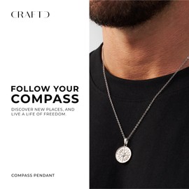 CRAFTD | Silver Compass Pendant Necklace | Rhodium & 316L Stainless Steel | 20.5" Silver Chain Link with 20MM x 20MM Pendant | Waterproof, Heat & Sweat Resistant | Gifts for Men | Men's Jewelry