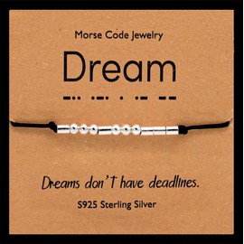 Rumnoke Inspirational Morse Code Bracelet Handmade Sterling Silver Beads Bracelet Secret Message Beads Silk Cord for Women Dream
