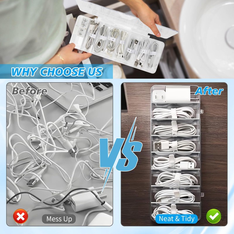 2 Packs Clear Cable Organizer Boxes with 20 PCS Cable