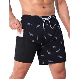 SILKWORLD Men's Swim Trunks Quick Dry Swimming Shorts 6 Inch Bathing Suits with Compression Liner and Zipper Pockets Black Blue Shark XX-Large