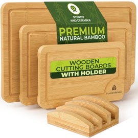 Cutting Boards for Kitchen, Wood Cutting Board - Bamboo Cutting Board Set of 3 with Holder, Light Color, Durable & Eco-Friendly, Perfect for Chopping, Serving, and Food Prep.