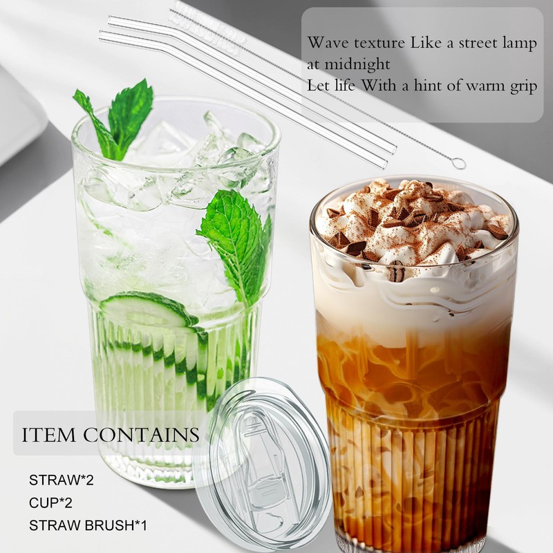 Luiaiog Glass Coffee Cups with Lids and Straws - Set