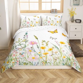 Homemissing Yellow Flowers Pattern Duvet Cover Set Single Size for Girls Adults Women Kids Butterflies Print Bedding Set Garden Flower Comforter Cover with 1 Pillowcase Nature Theme Zipper