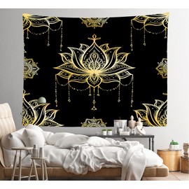 Loccor Spiritual Lotus Tapestry 140''x118'' Black and Gold Psychedelic Meditation Lotus Wall Hanging Mandala Lotus Tapestries Bedroom Living Room Zen Decor Boho Wall Art Decor