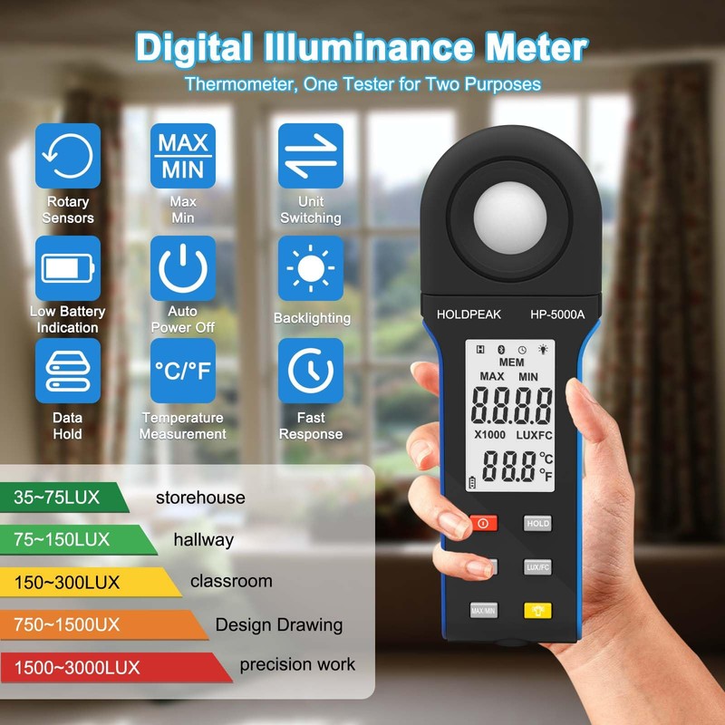 Digital Light Meter, 1-400000Lux Illuminance Meter with Large LCD Screen