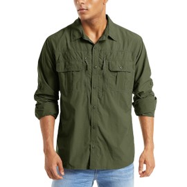MAGCOMSEN Mens Quick Dry Shirts Long Sleeve Work Shirts Fishing Shirts for Men Button Down Work Shirts Hiking Shirts Army Green L