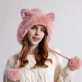 Malaxlx Womens Winter Pink Faux Fur Cat Ear Pompom Beanie Hat Knit Earflap Hat Warm Peruvian Hat Skull Cap Outdoor Ski Cap